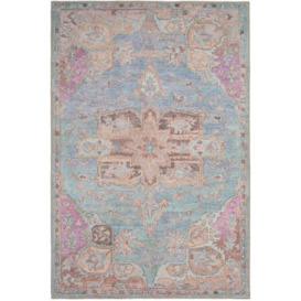 Pink Blue Pastel Traditional Medallion Non Slip Washable Low Pile Rug - thumbnail 1