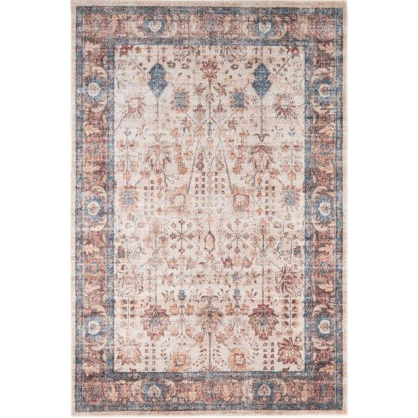 Blue Beige Traditional Floral Bordered Non Slip Washable Low Pile Rug - image 1