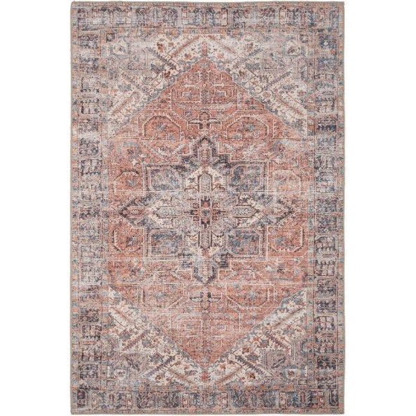 Warm Terracotta Traditional Medallion Non Slip Washable Low Pile Rug - image 1