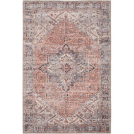 Warm Terracotta Traditional Medallion Non Slip Washable Low Pile Rug