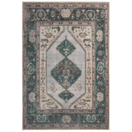 Deep Green Cream Medallion Non Slip Washable Low Pile Rug