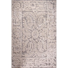 Grey Cream Floral Damask Loop and Tufted Shaggy Rug