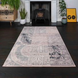 Blush Pink Grey Traditional Patchwork Living Area Rug - thumbnail 2