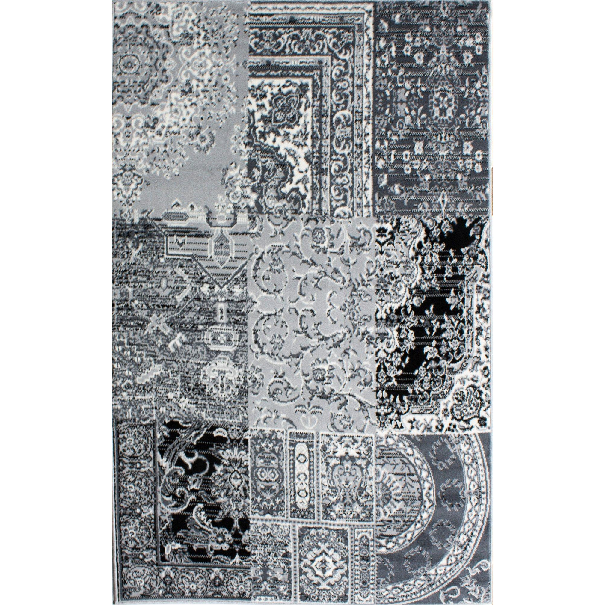 Black Grey Monochrome Traditional Patchwork Living Area Rug - image 1