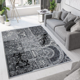 Black Grey Monochrome Traditional Patchwork Living Area Rug - thumbnail 2