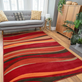 Warm Red Terracotta Retro Wave Living Area Rug - thumbnail 2