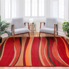 Warm Red Terracotta Retro Wave Living Area Rug - thumbnail 3