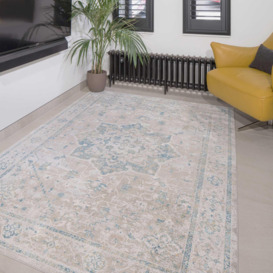 Blue Grey Floral Traditional Medallion Low Pile Area Rug - thumbnail 3