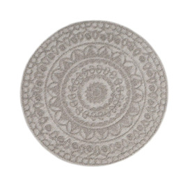 Grey Traditional Floral Mandala Textured Bobble Bedroom Living Area Round Circle Mat