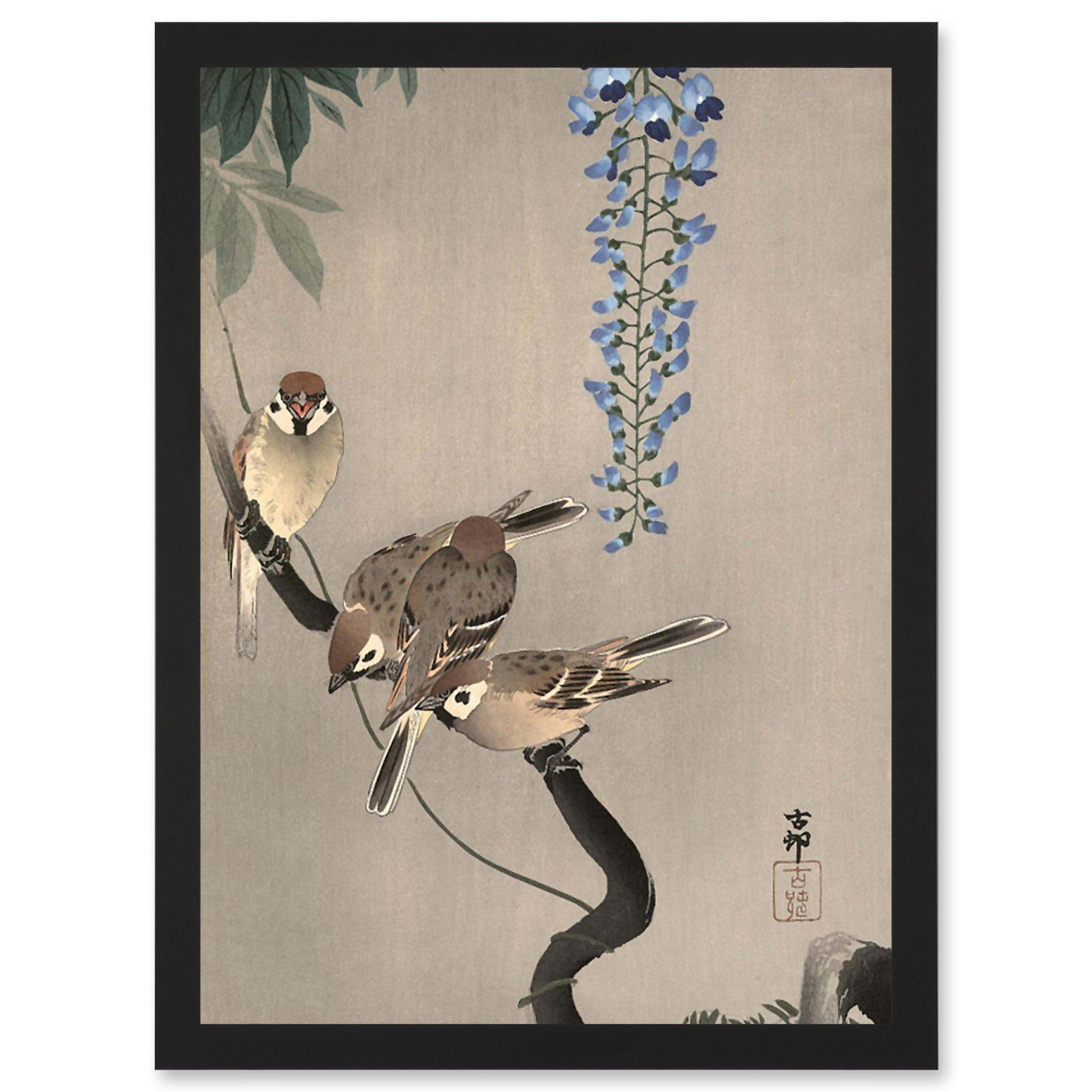 Nature Sparrow Bird Flower Shoson Ohara Japan A4 Artwork Framed Wall Art Print - image 1
