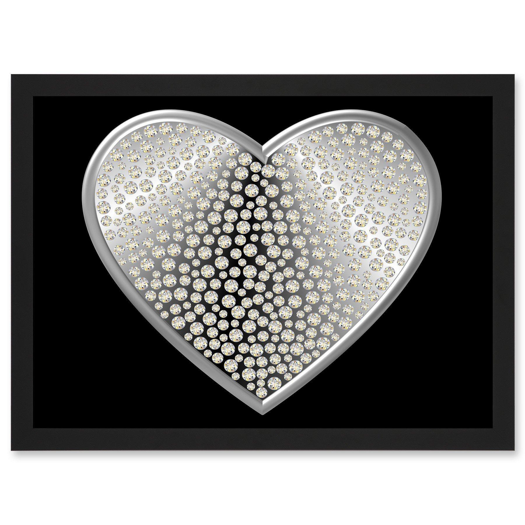 Diamond Heart Silver Bling Art A4 Artwork Framed Wall Art Print - image 1