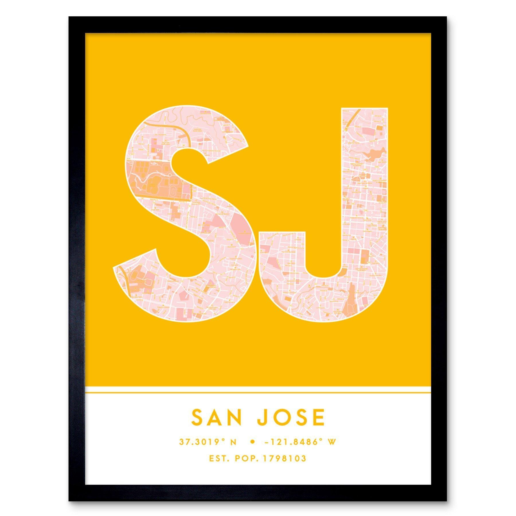 San Jose SJ California United States City Map Modern Typography Stylish Letter Framed Word Wall Art Print Poster for Home Décor - image 1
