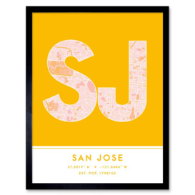 San Jose SJ California United States City Map Modern Typography Stylish Letter Framed Word Wall Art Print Poster for Home Décor