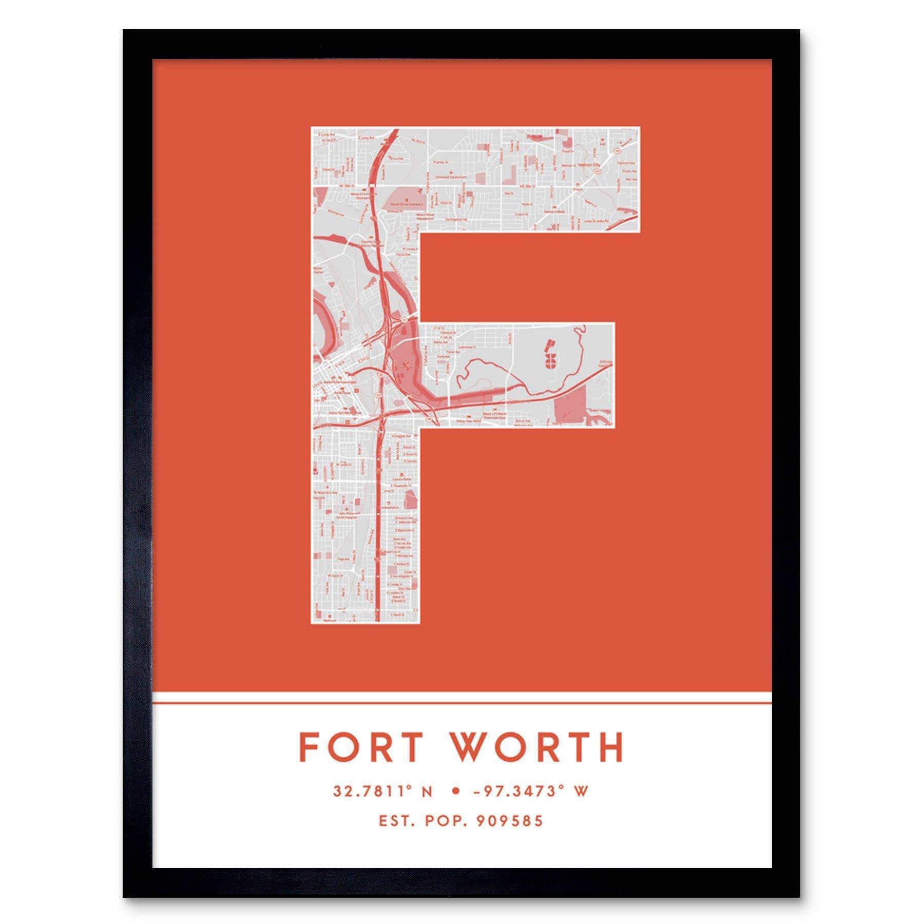 Fort Worth Texas United States City Map Modern Typography Stylish Letter Framed Word Wall Art Print Poster for Home Décor - image 1