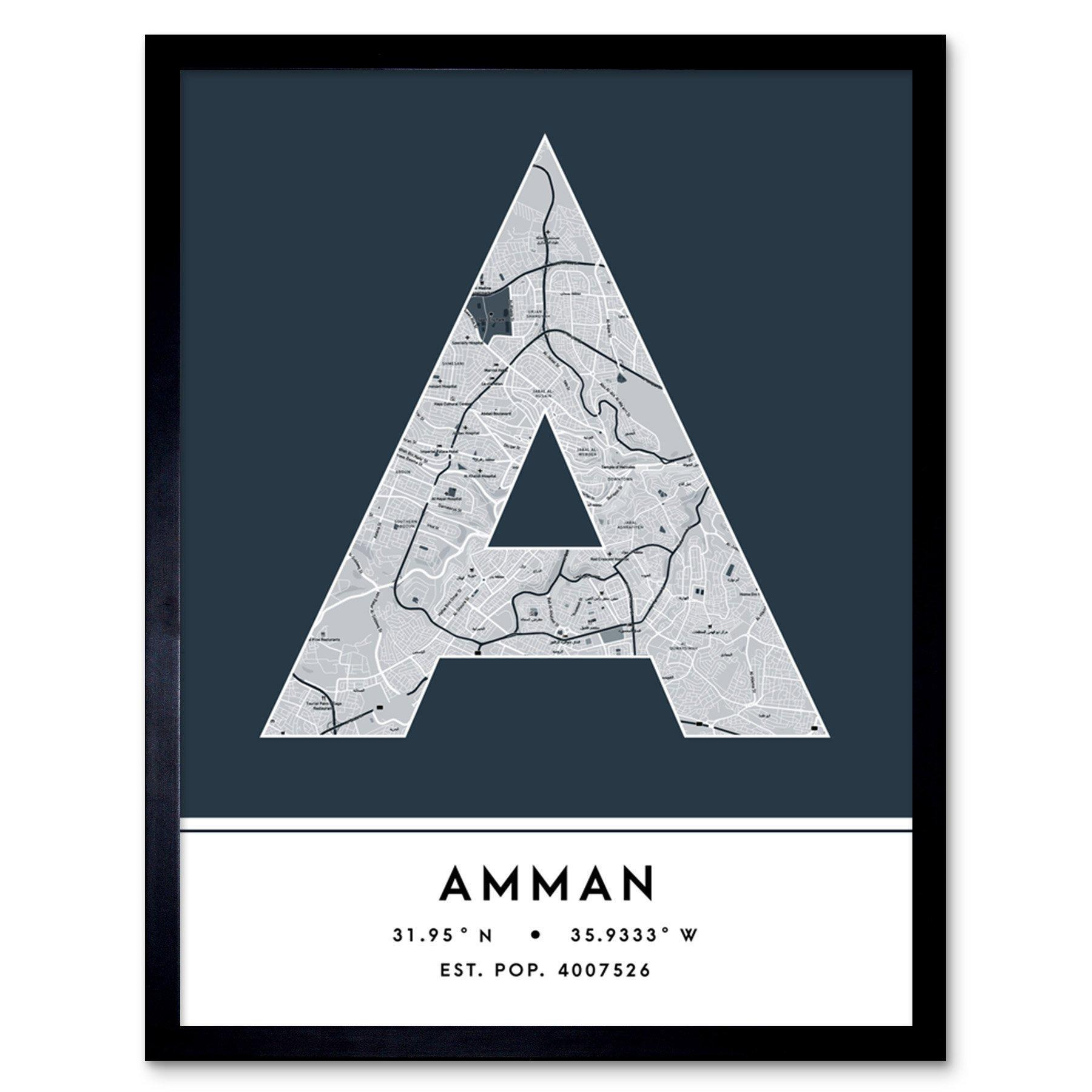Amman Jordan City Map Modern Typography Stylish Letter Framed Word Wall Art Print Poster for Home Décor - image 1