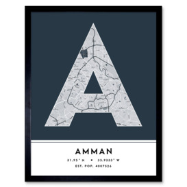 Amman Jordan City Map Modern Typography Stylish Letter Framed Word Wall Art Print Poster for Home Décor