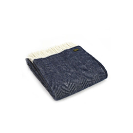 100% Wool Fishbone Navy Blue Throw / Blanket