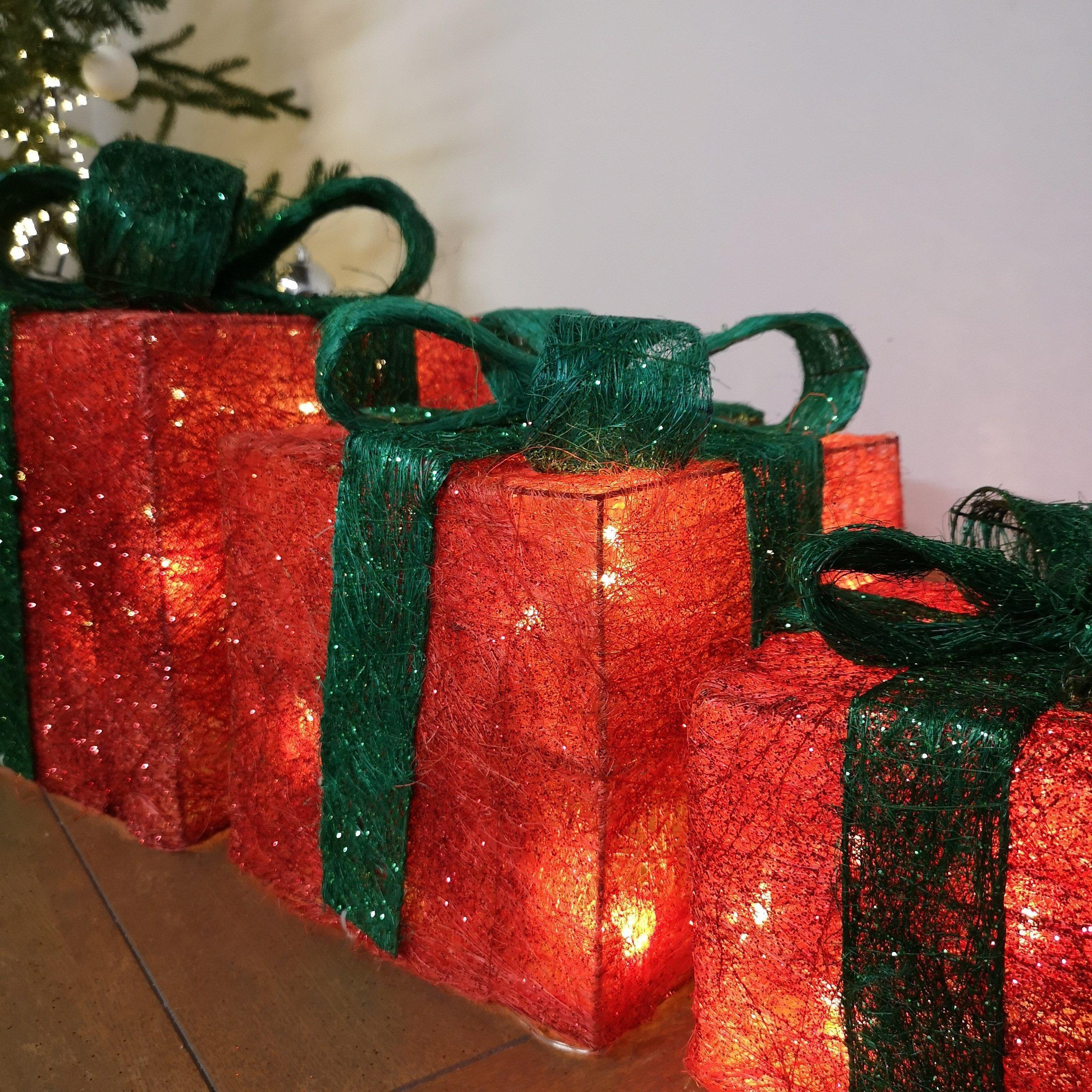 Set of 3 LED Battery Powered Light Up Christmas Present Boxes in Red & Green - image 1