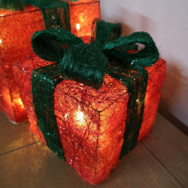 Set of 3 LED Battery Powered Light Up Christmas Present Boxes in Red & Green - thumbnail 3