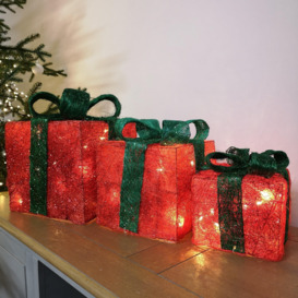 Set of 3 LED Battery Powered Light Up Christmas Present Boxes in Red & Green - thumbnail 2