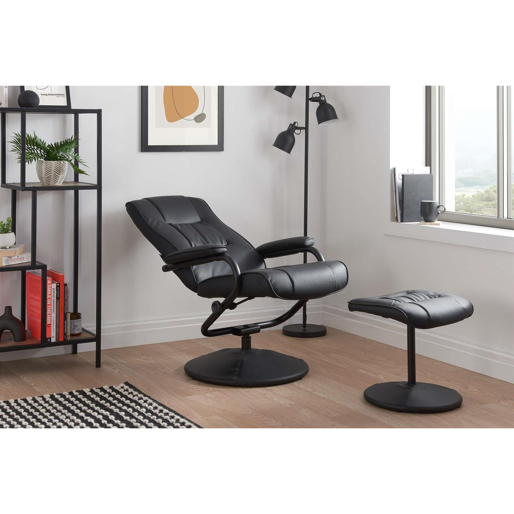 Swivel Recliner Reclining Chair Black Birlea Memphis Faux Leather & Footstool - image 1