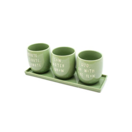 Set of 3 Green Slogan Ceramic Planters with Tray - thumbnail 3