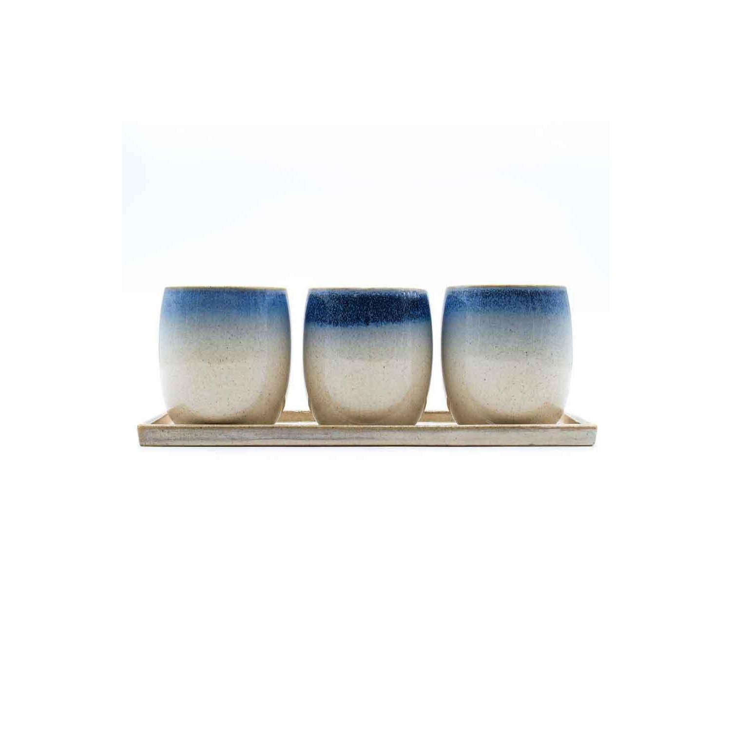 Set of 3 Blue and Cream Reactive Glazed Ceramic Planters with Tray - image 1