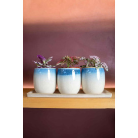 Set of 3 Blue and Cream Reactive Glazed Ceramic Planters with Tray - thumbnail 2
