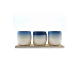 Set of 3 Blue and Cream Reactive Glazed Ceramic Planters with Tray