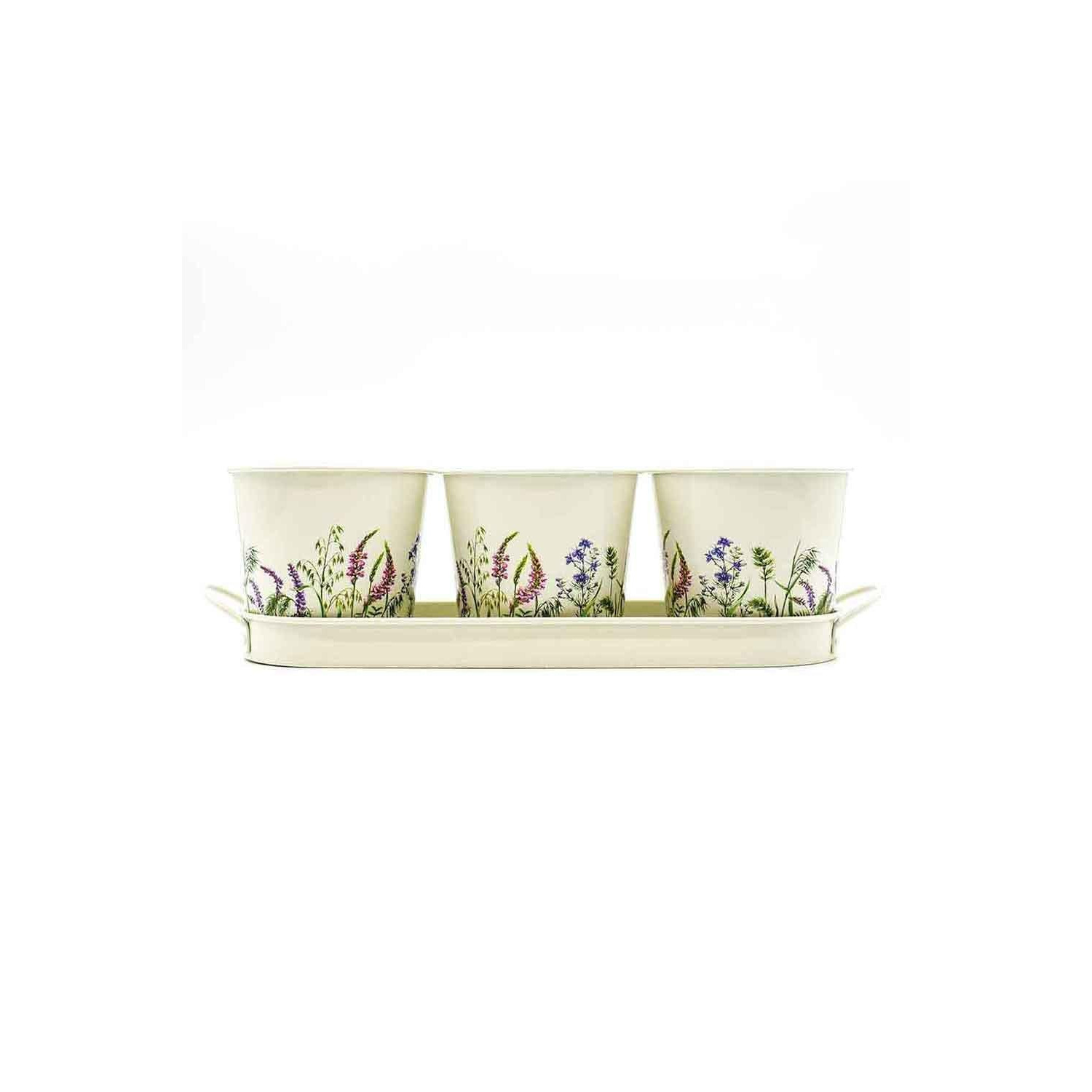 Set of 3 Country Foral Design Metal Planters with Tray - image 1
