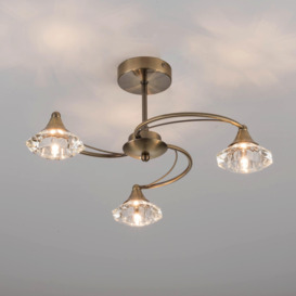 3 Light Semi Flush Ceiling Light Antique Brass Finish Clear Glass Shades