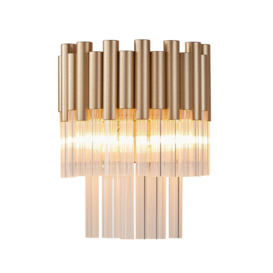 2 Light Gold Flush Wall Light with Decorative Glass Rods