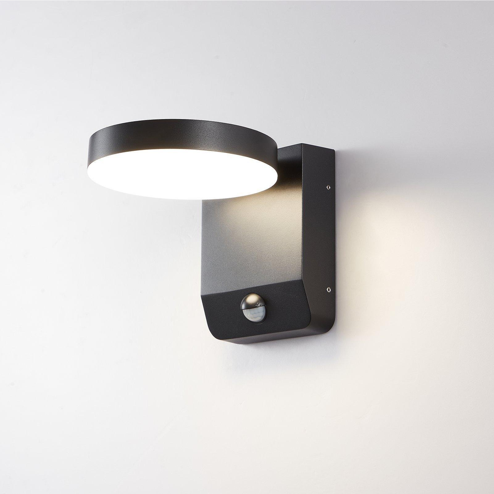 Matt Black Modern Round LED Outdoor Wall Light Mains Powered, Weatherproof, with PIR Sensor - image 1