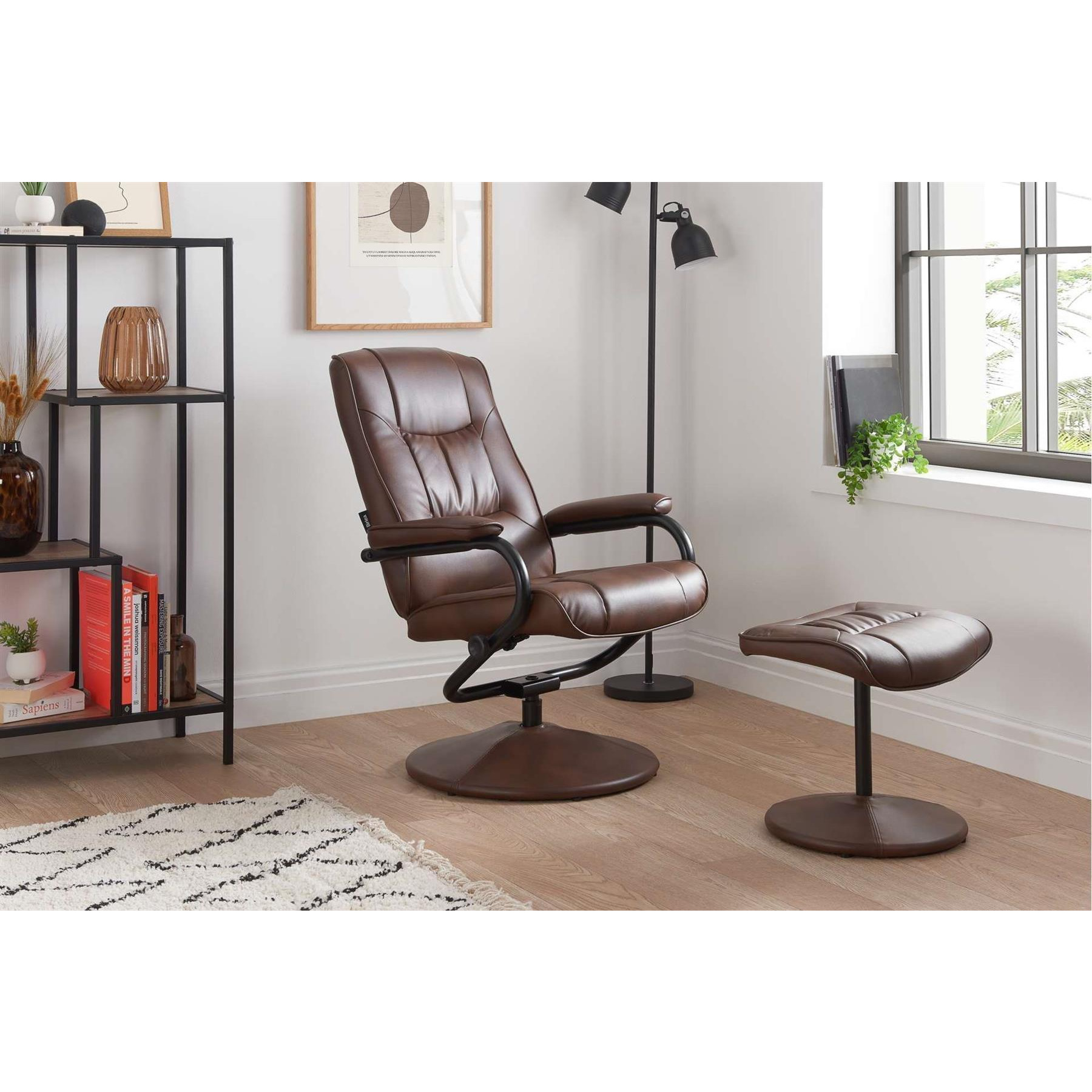 Swivel Recliner Chair Brown Birlea Memphis Tan Faux Leather Reclining Foot Stool - image 1