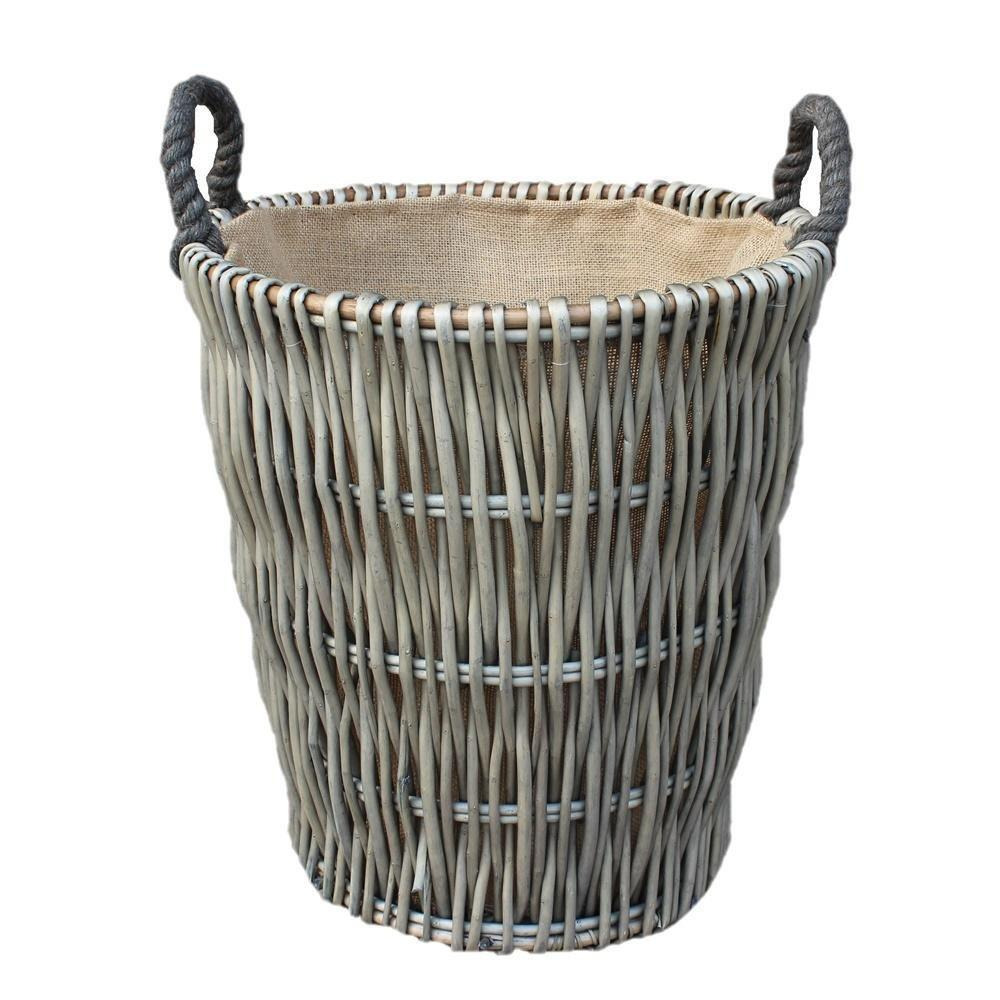 Wicker Tall Grey Round Hessian Lined Log Basket - image 1
