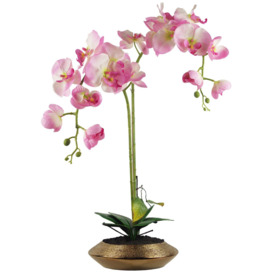 70cm Artificial Orchid Light Pink with Gold Dish Ceramic Planter