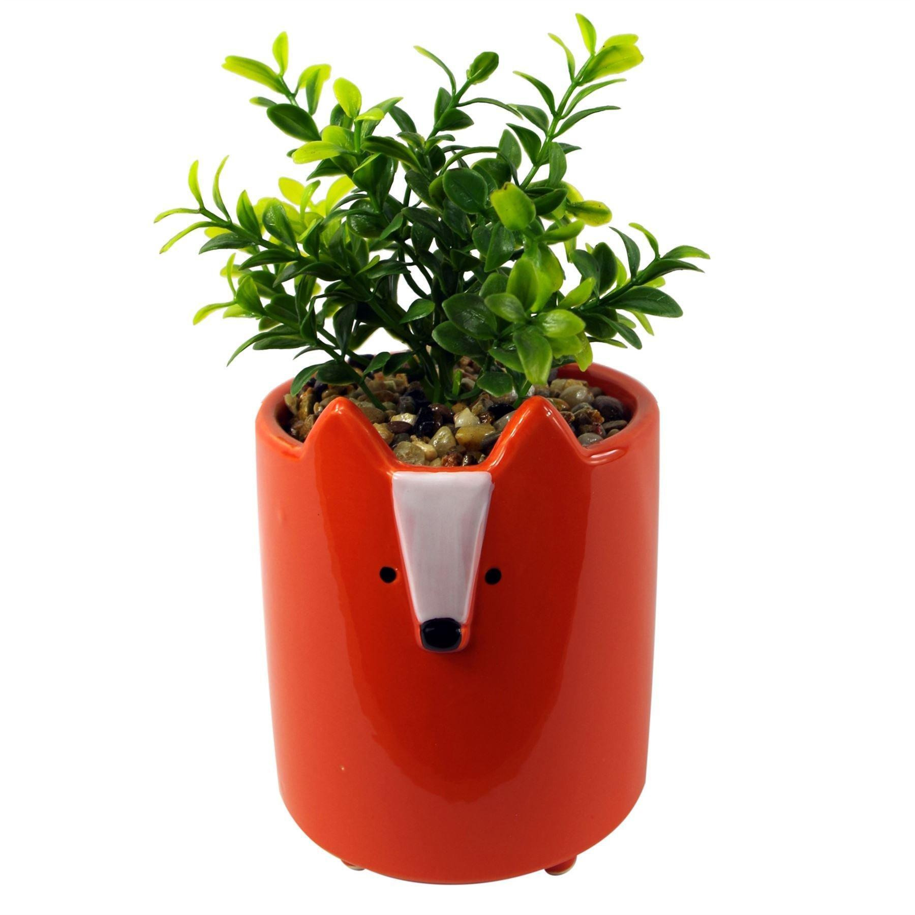 20cm Ceramic Orange Fox Planter with Artificial Foliage Plant - image 1