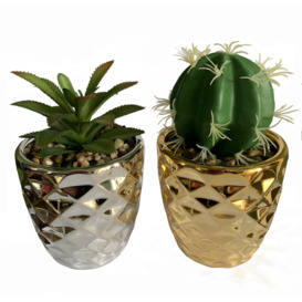 15cm Set of Two Silver and Gold Ceramic Planters with Artificial Cactus and Dracaena