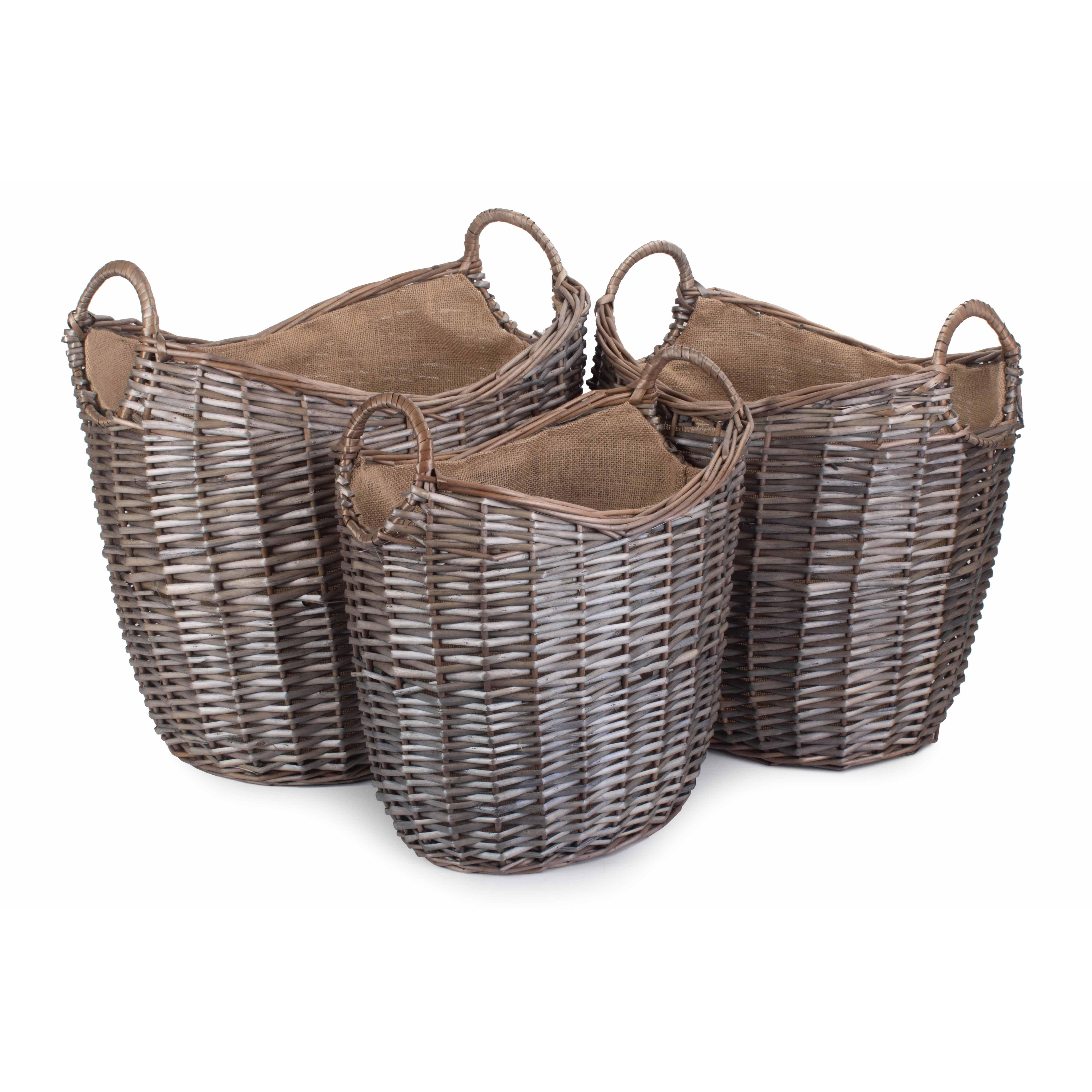 Wicker Set of 3 Scoop Neck Antique Wash Hessian Lined Log Basket - image 1
