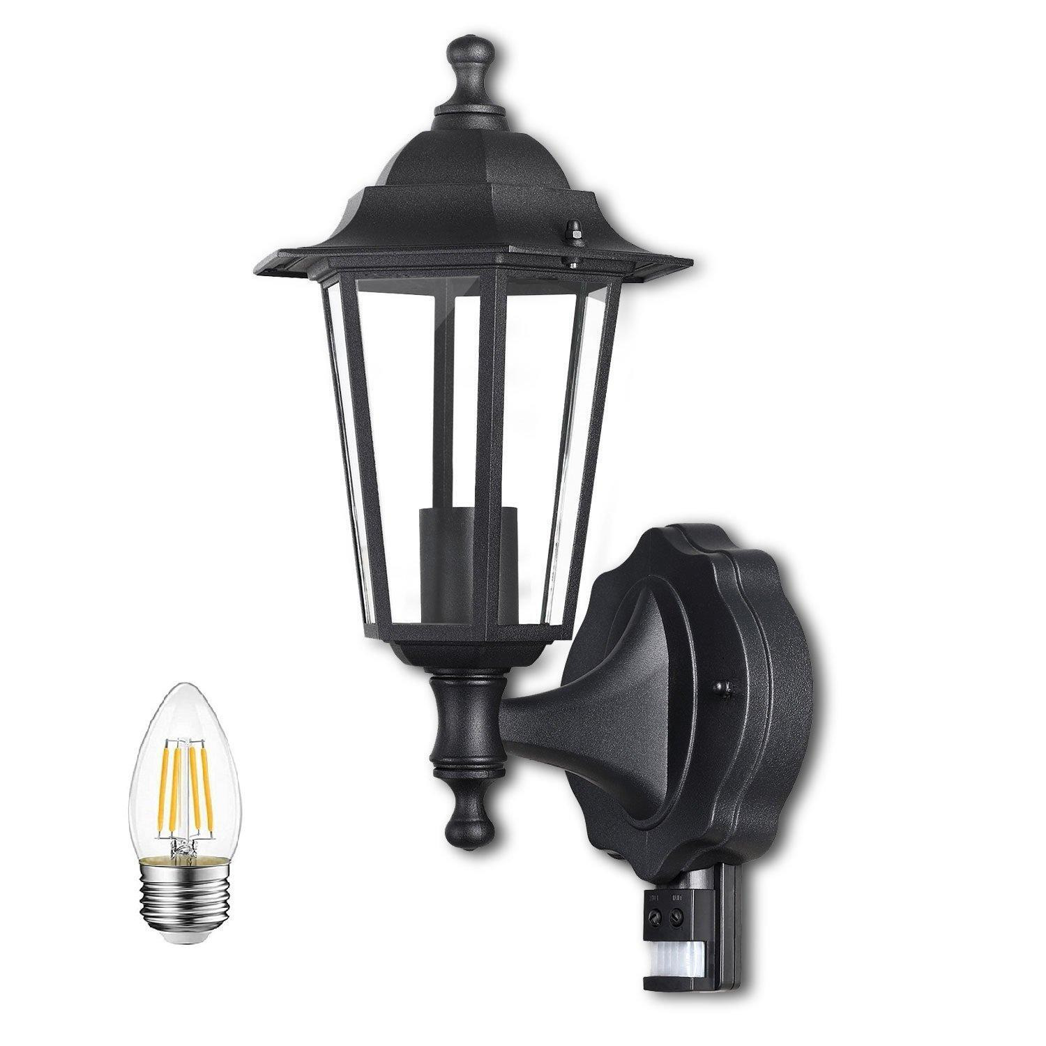 Outdoor PIR Wall Lantern Garden Light Black IP44 (6W transparent glass candle bulb included) - image 1
