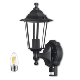 Outdoor PIR Wall Lantern Garden Light Black IP44 (6W transparent glass candle bulb included)