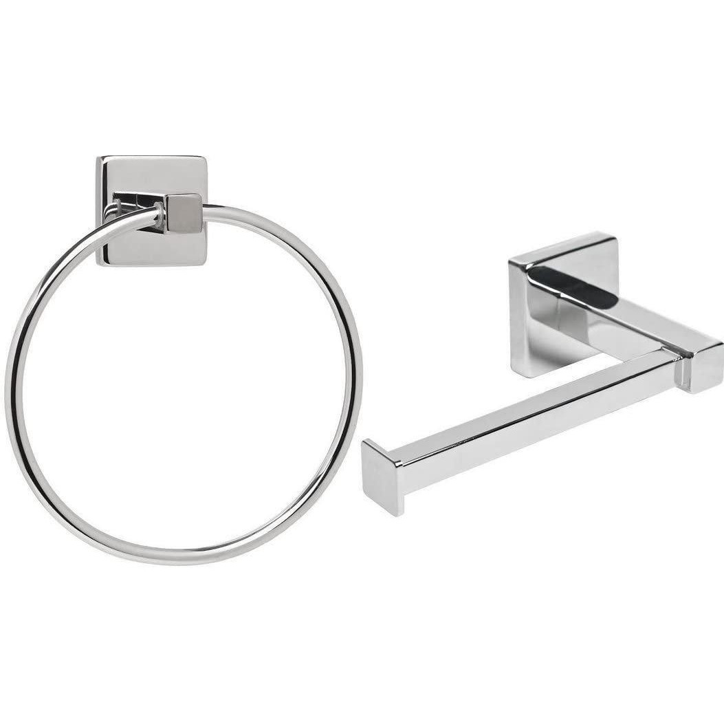Silver Square Bathroom Toilet Roll Holder & Towel Ring Set - image 1