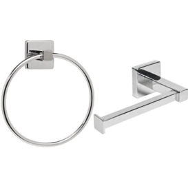 Silver Square Bathroom Toilet Roll Holder & Towel Ring Set - thumbnail 1