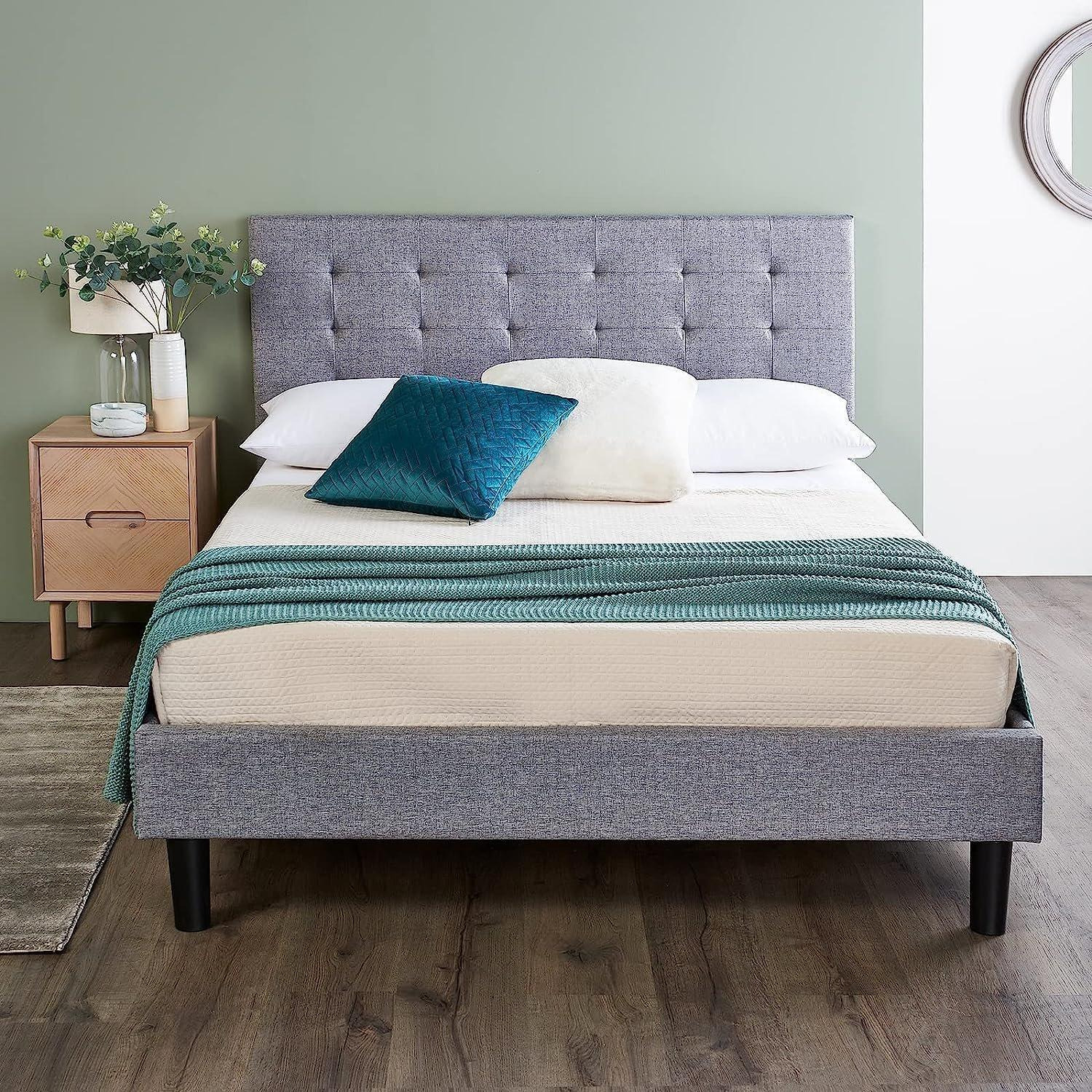Grey Upholstered Bed Frame With Padded Headboard (No Mattress) - image 1