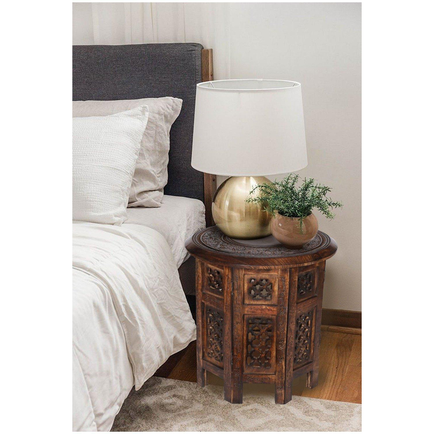Antique Effect Round Carved Wooden Bedside End Table 30 x 30 x 30 cm - image 1