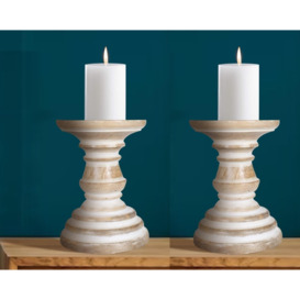 SET OF 2 Rustic Antique Carved Wooden Pillar Church Candle Holder,White Light,Medium 19cm - thumbnail 1