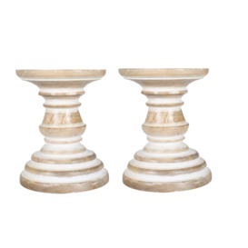 SET OF 2 Rustic Antique Carved Wooden Pillar Church Candle Holder,White Light,Medium 19cm - thumbnail 2