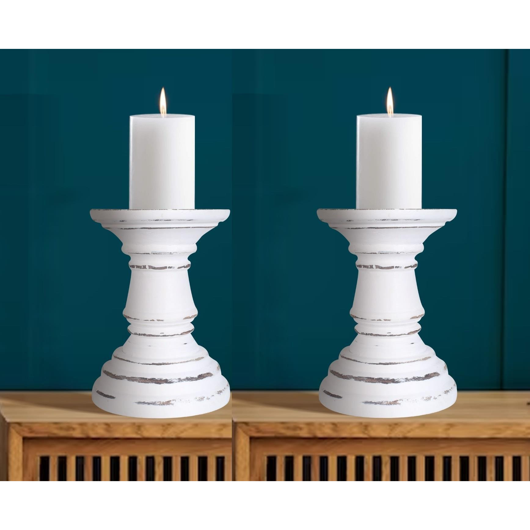 SET OF 2 Rustic Antique Carved Wooden Pillar Church Candle Holder,White Light,Medium 19cm - image 1