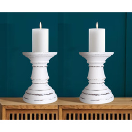 SET OF 2 Rustic Antique Carved Wooden Pillar Church Candle Holder,White Light,Medium 19cm - thumbnail 1