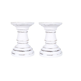 SET OF 2 Rustic Antique Carved Wooden Pillar Church Candle Holder,White Light,Medium 19cm - thumbnail 3
